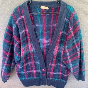 Vintage Chunky Cardigan Sweater 70s Personal Tag Size Large Multicolor Plaid